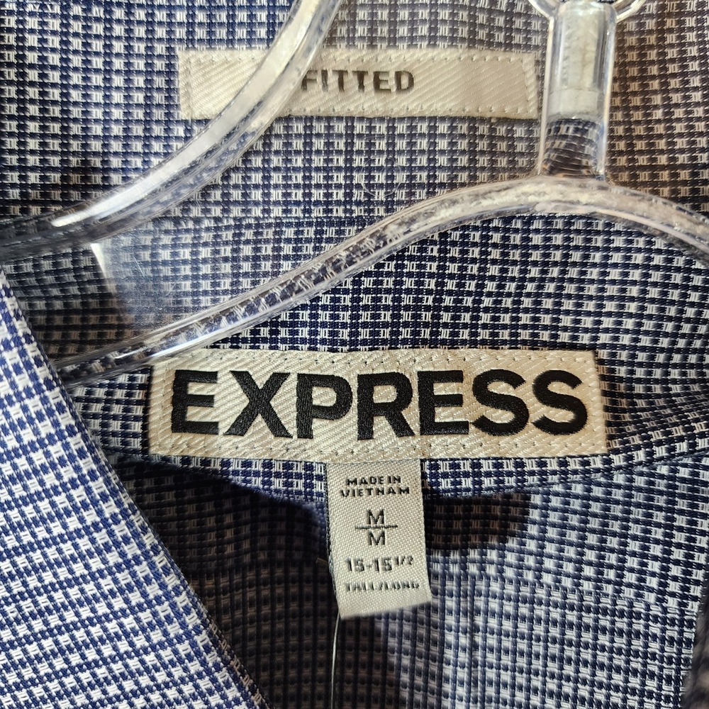 Express Fitted Microplaid Dress Shirt Mens MT Tall Navy White Long Sleeve NWT - Picture 11 of 13